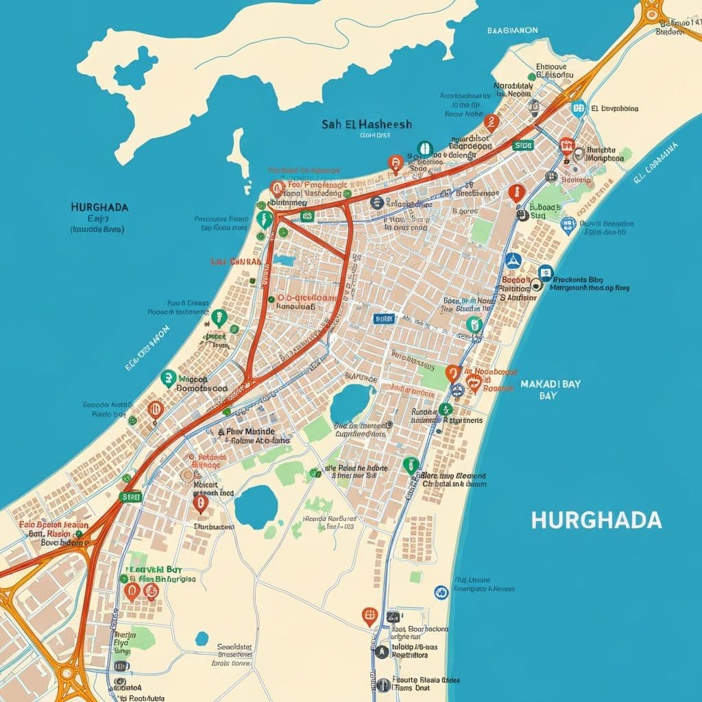 Map of Hurghada showing best locations to buy property including Sahl Hasheesh and Makadi Bay